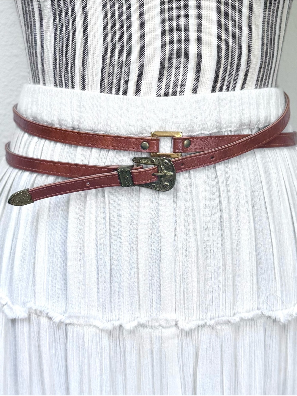 Vintage Cognac Leather Double Wrap Minimalist Skinny Belt Western Boho